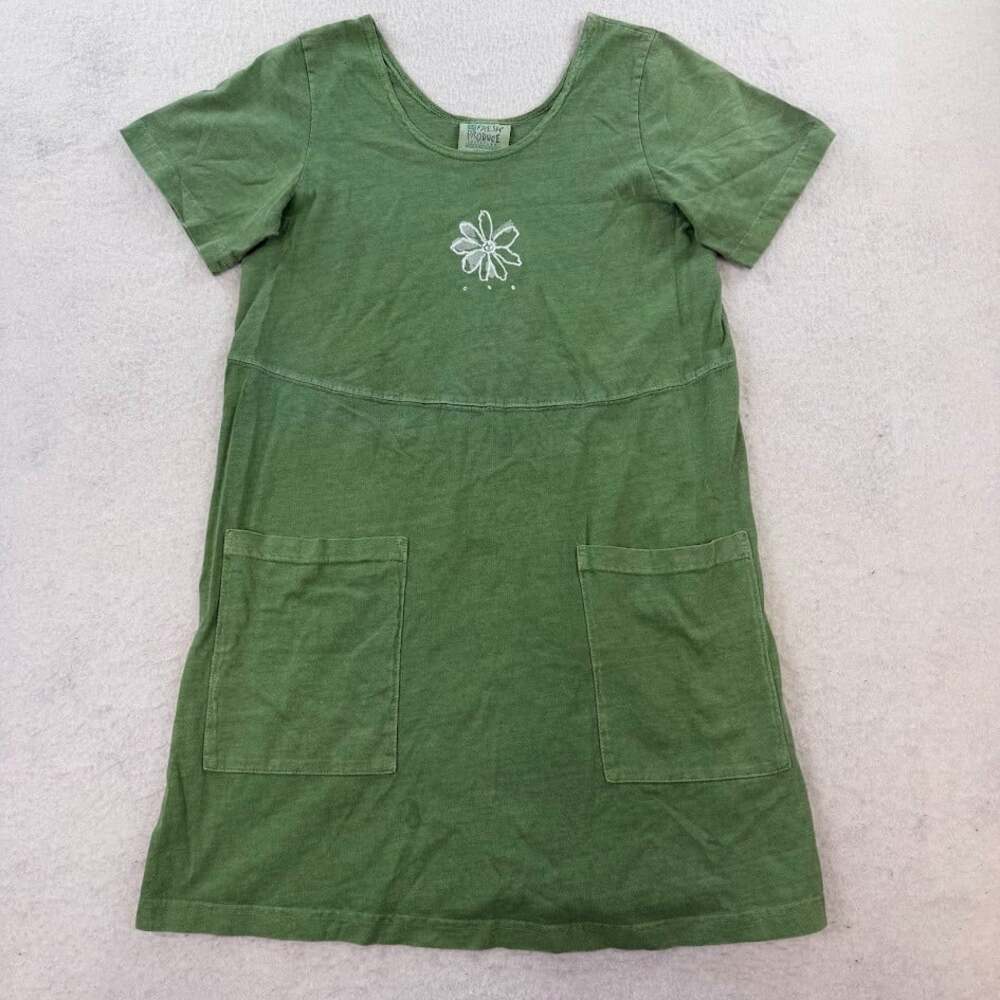Vintage Fresh Produce 90s Green Floral A-Line Cotton T-Shirt Dress Size Small